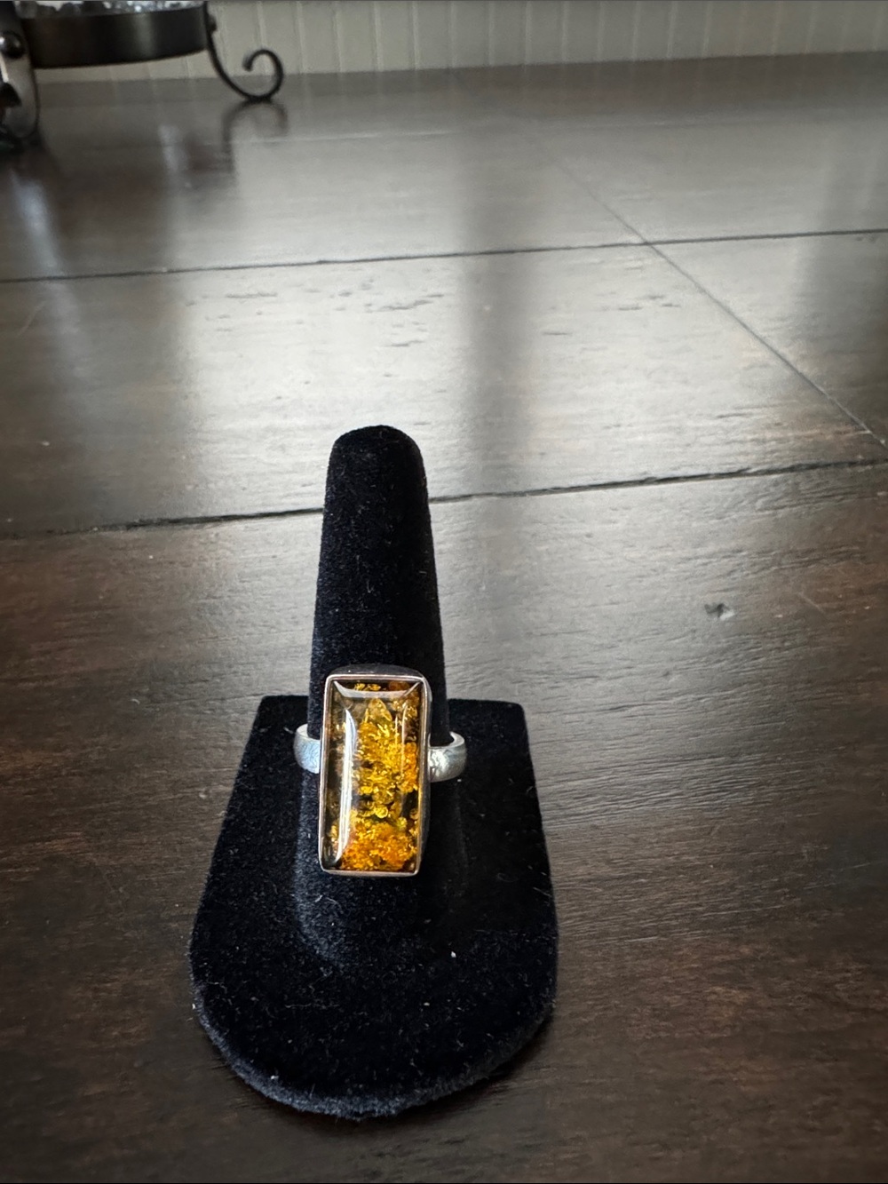 Sterling Silver Amber Rectangle Ring - Golden Amber Color Size 5 1/2